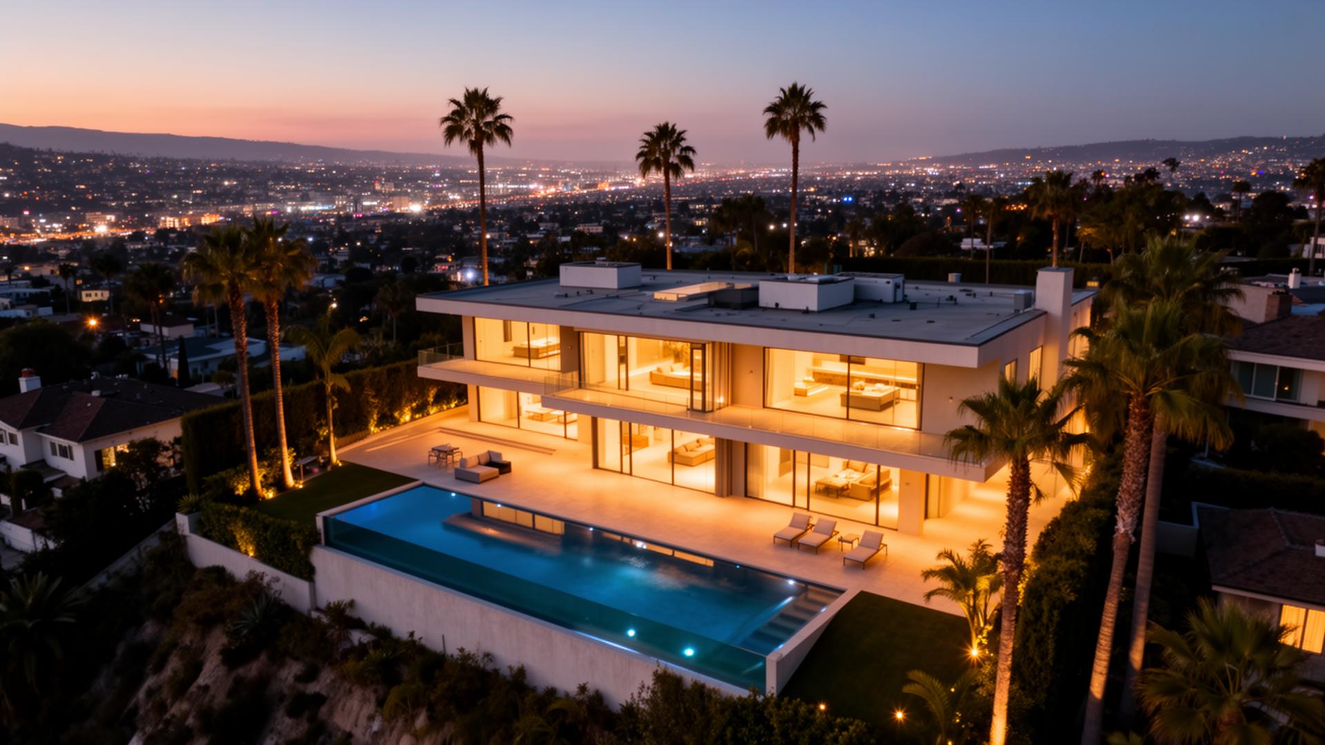 Luxury Beverly Hills mansion at twilight